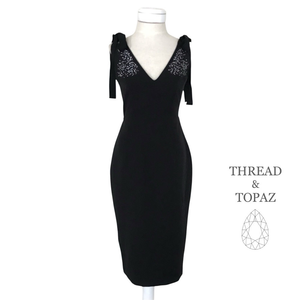 Zara Back Embellished V-Neck Bodycon Dress W Shoulder Bows Small